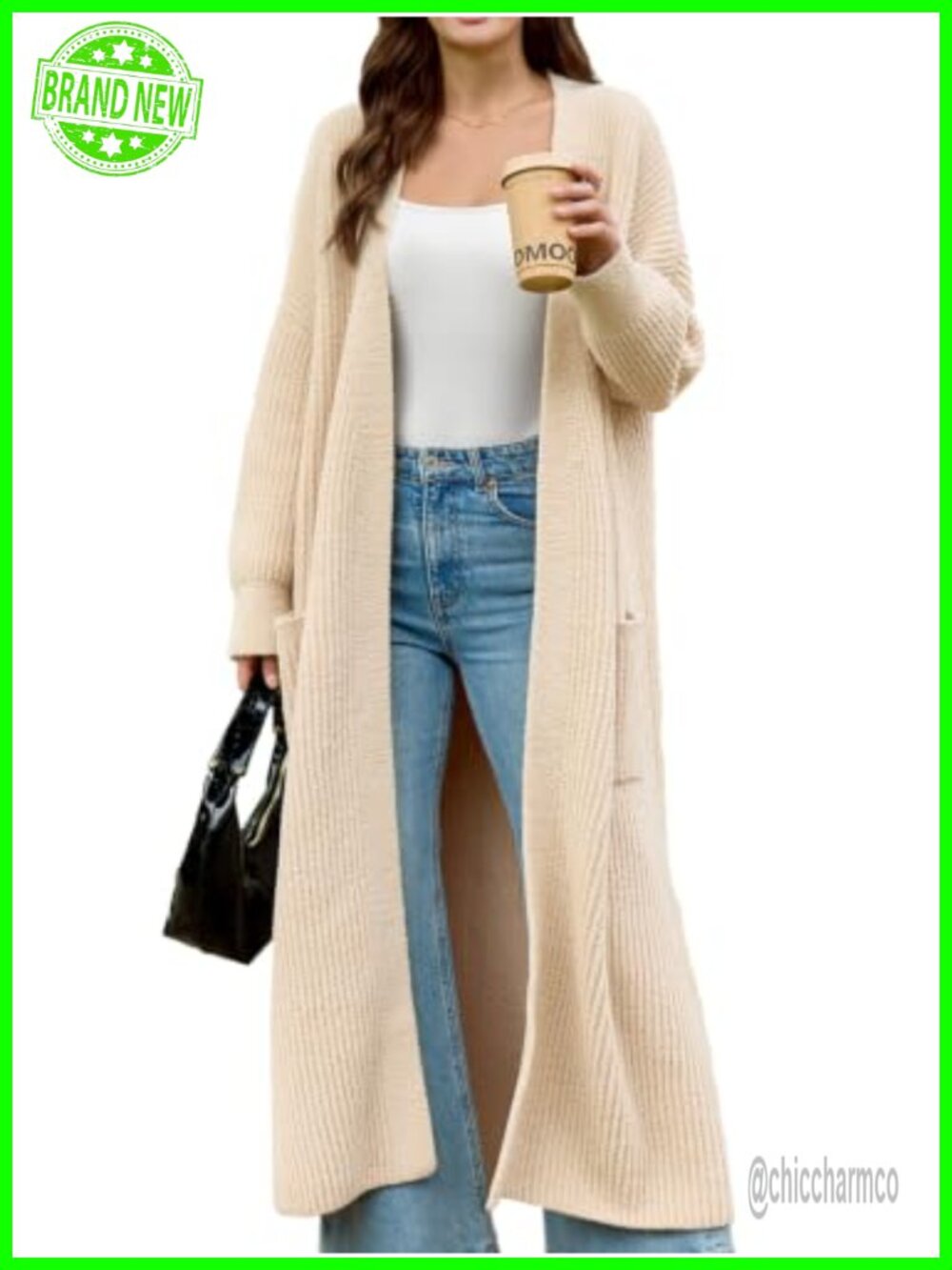 Oversized Ribbed Knit Open Front Long Cardigan Sweater with Pockets
